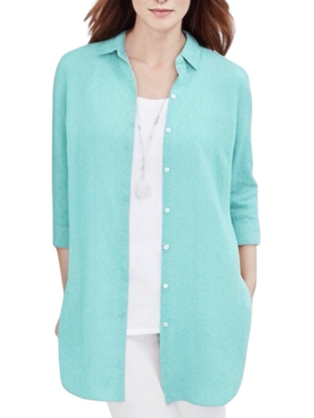 J. Jill Aqua Button-Front Linen Side Split Women's Tunic Top
